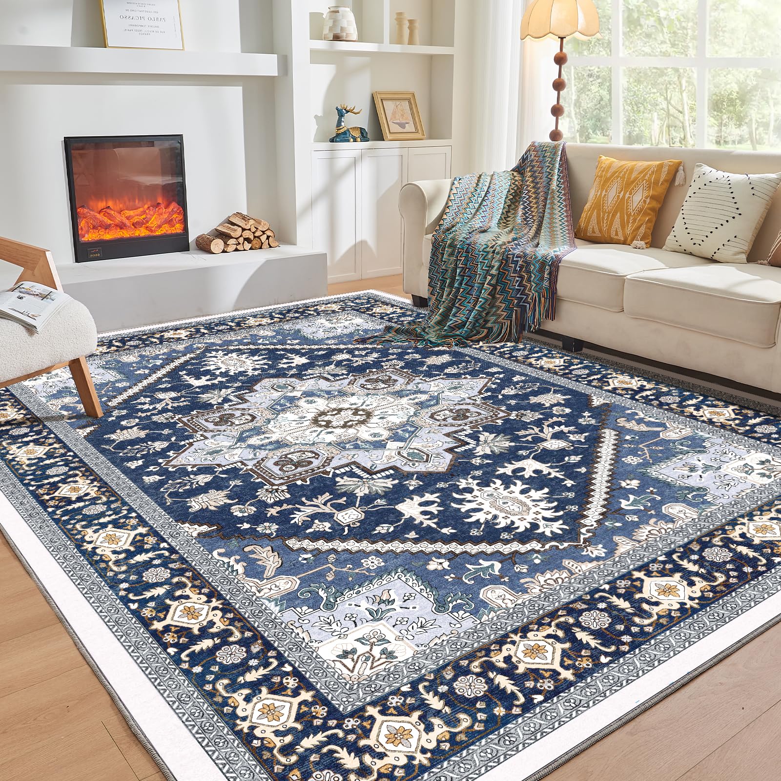 OPPODREAM 10x14 Area Rugs, Washable Rugs 10x14 with Non Slip Backing, Low-Pile Faux Cashmere 10 x 14 Carpet, Navy Blue & Gold Image
