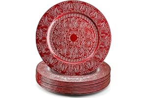 Hacaroa Set of 12 Plastic Round Charger Plates, 13 Inch Red Chargers for Dinner Plates, Antique Wedding Chargers for Table Se