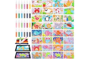 Tenceur Kids' Sand Art Kits Color Craft Sand Art Pictures Peel and Stick 12 Color Kit Painting Board Painting Tray Brush Bottles for Kids DIY Crafts Christmas Gifts (Underwater World and Animal World)