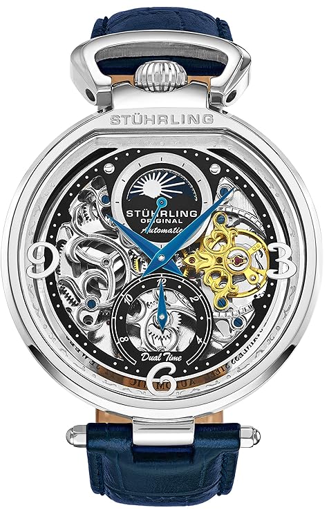 Stührling Original Herren Analog Skelett Uhr – Silbernes Zifferblatt mit schwarzen goldfarbenen und blauen Akzenten, blaues L