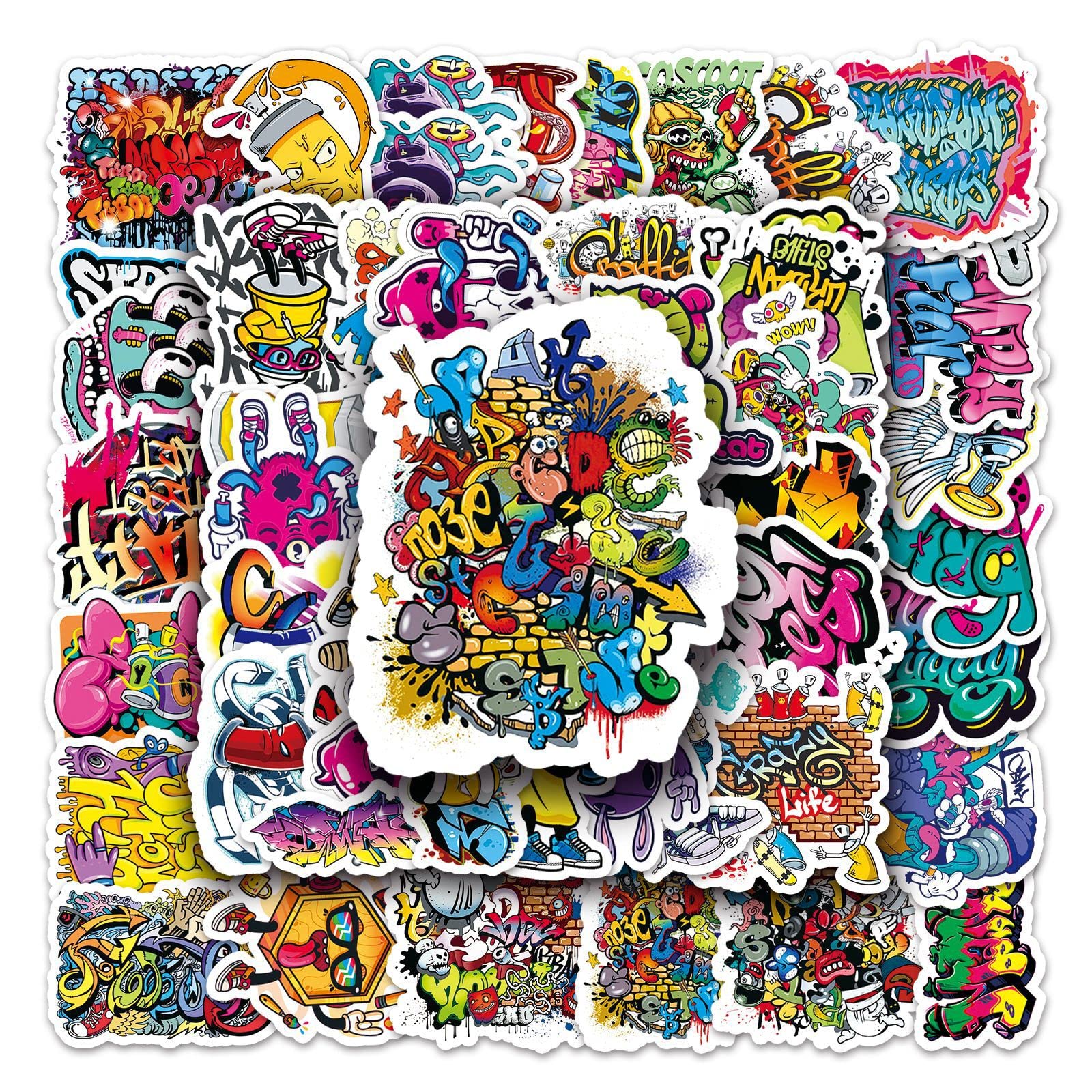 Hippie Street Graffiti Stickers 50 Pcs Waterproof Colorful Hip Hop Street Art Stickers for Water Bottle Laptop Skateboard Computer Car Bike Phone Helmet,Vinyl Cute Trendy Decals for Teens Boys Girls