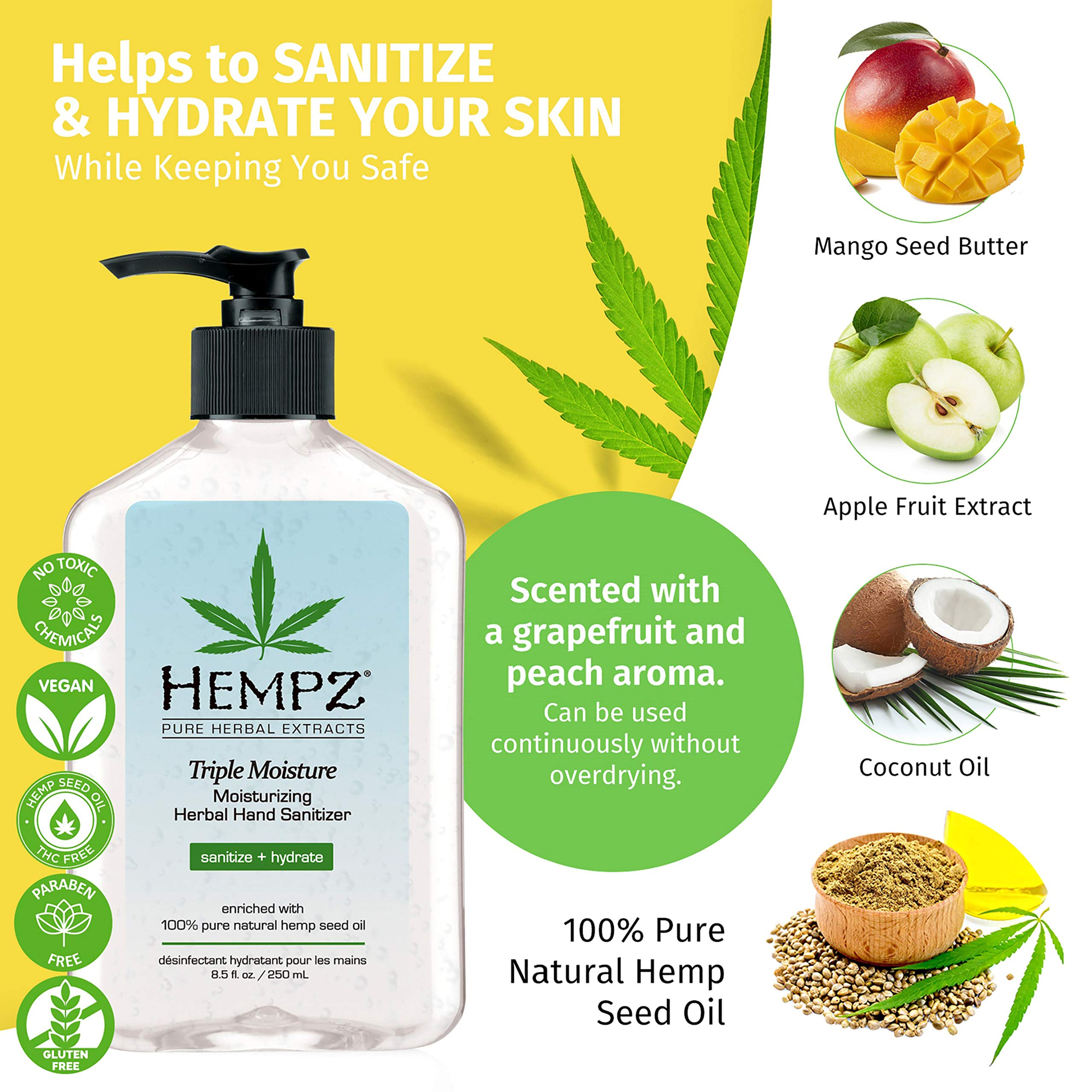 Hempz Fresh Citrus Triple Moisturizing Hand Sanitizer (8.5 Fl Oz) | Large Hand Sanitizer in a Pump Style Bottle & Freshly Scented