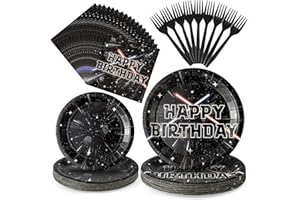 BOpusail 96Pcs Galaxy Movie Star Party Tableware Set, Party Supplies for Kids Birthday School Science Fiction Theme Serves 24 Guests, Disposable Dinnerware Paper Dessert Dinner Plates Napkins Forks