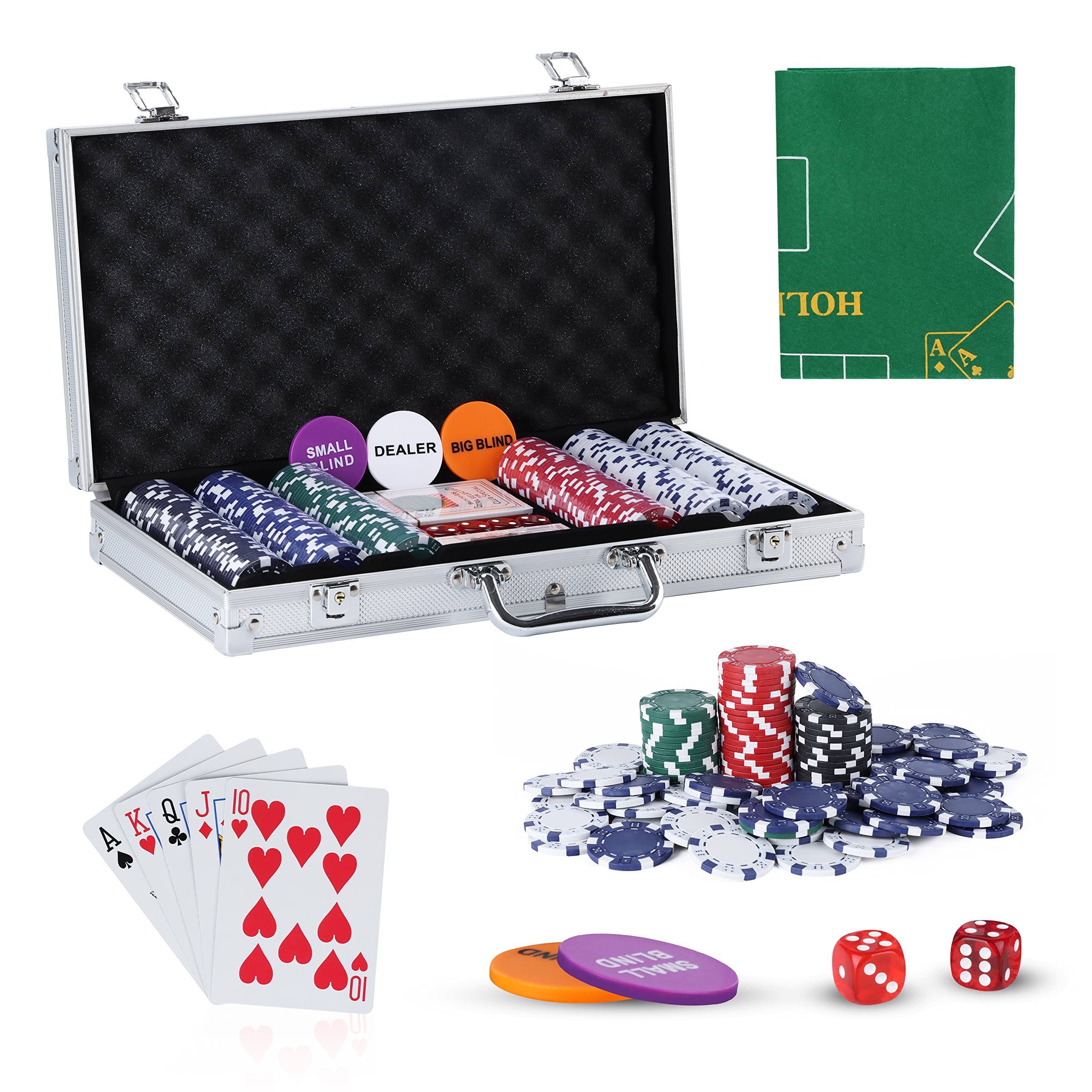 SILVER VALLEY Texas Holdem Poker Set, 300 Piece Set in Aluminium Case with 11.5g Heavyweight Chips, 1 double-sided reversible Flet Mat, 2 Decks Playing Cards, 5 Dice, Dealer, Big Small Blind Button — image 1