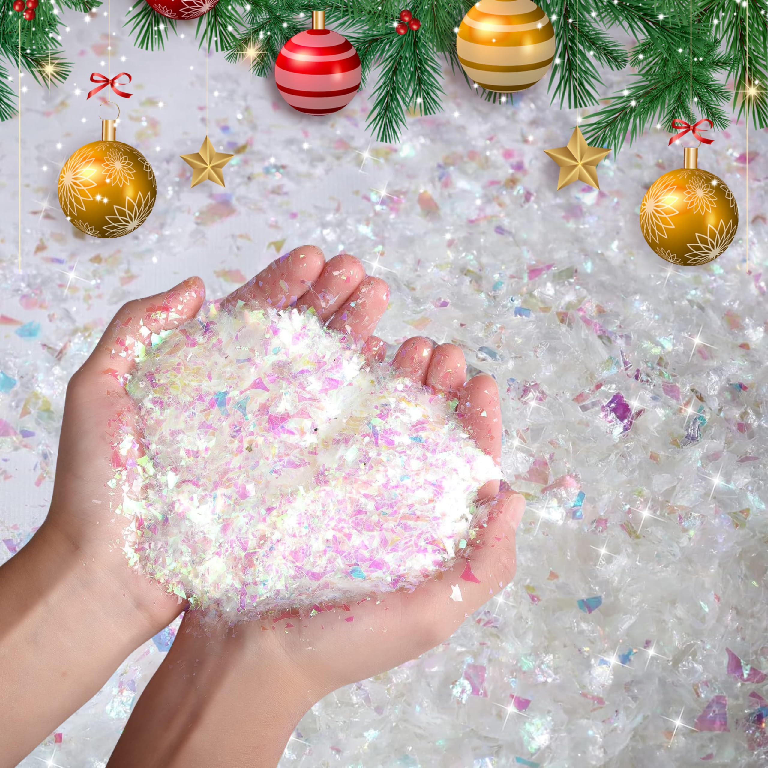 HOVUK® Artificial Shiny Snowflakes 300gm, Fake Snow for Christmas Tree Decoration, Sparkling Dry Plastic Snow for Holiday Decor, New Year and Winter Displays