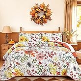 Yiran Fall Floral Quilt Set King Size, Orange Red Sunflower Botanical Bedspread Bedding Set, 3 Pieces Soft Lightweight Microfiber Coverlet with 2 Pillow Shams for All Season 106x90 Inch