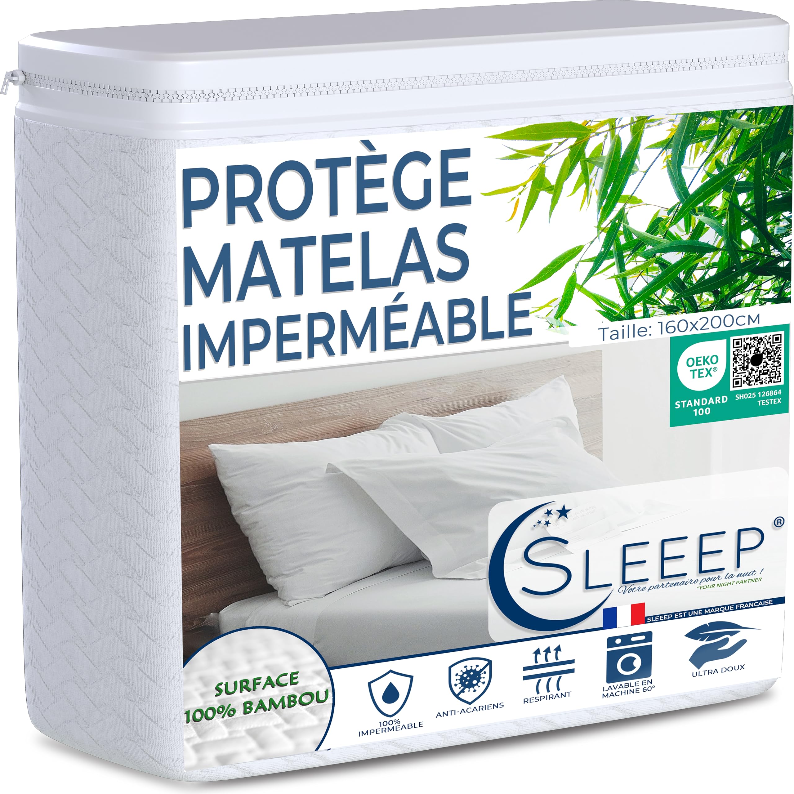 Sleeep Bamboo Fibre Oeko-Tex Mattress Protector, Queen Size, 100% Waterproof, Hypoallergenic, Anti-Dust Mite, Eco-Friendly, Ultra Soft, Machine Washable, Beige