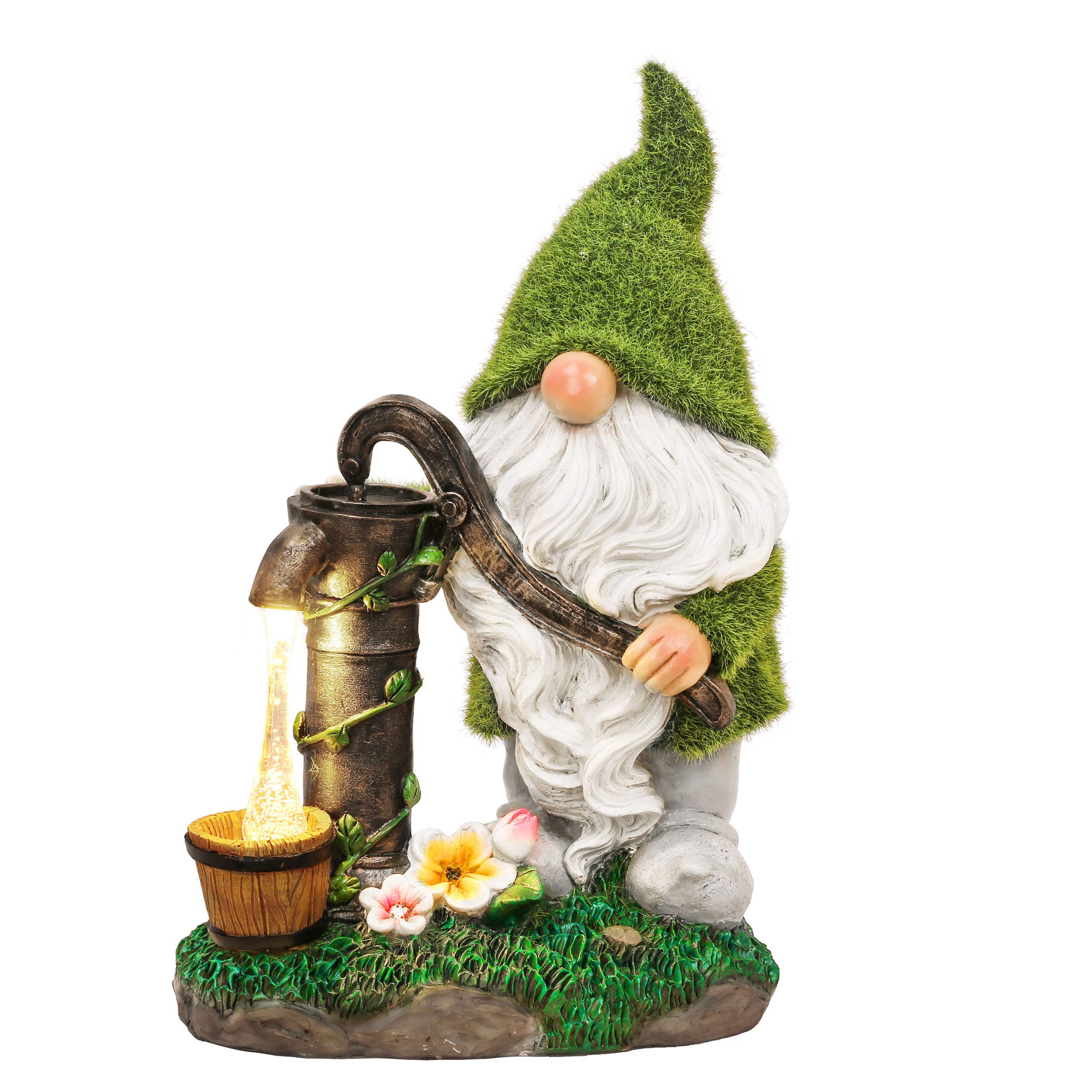 TERESA'S COLLECTIONS Garden Ornaments Outdoor, Lovely Green Gonk Pumping Water with Solar-Powered Lights, Waterproof Resin Gnomes Ornaments, Garden Decorations Gifts, Indoor Outdoor 22.5CM