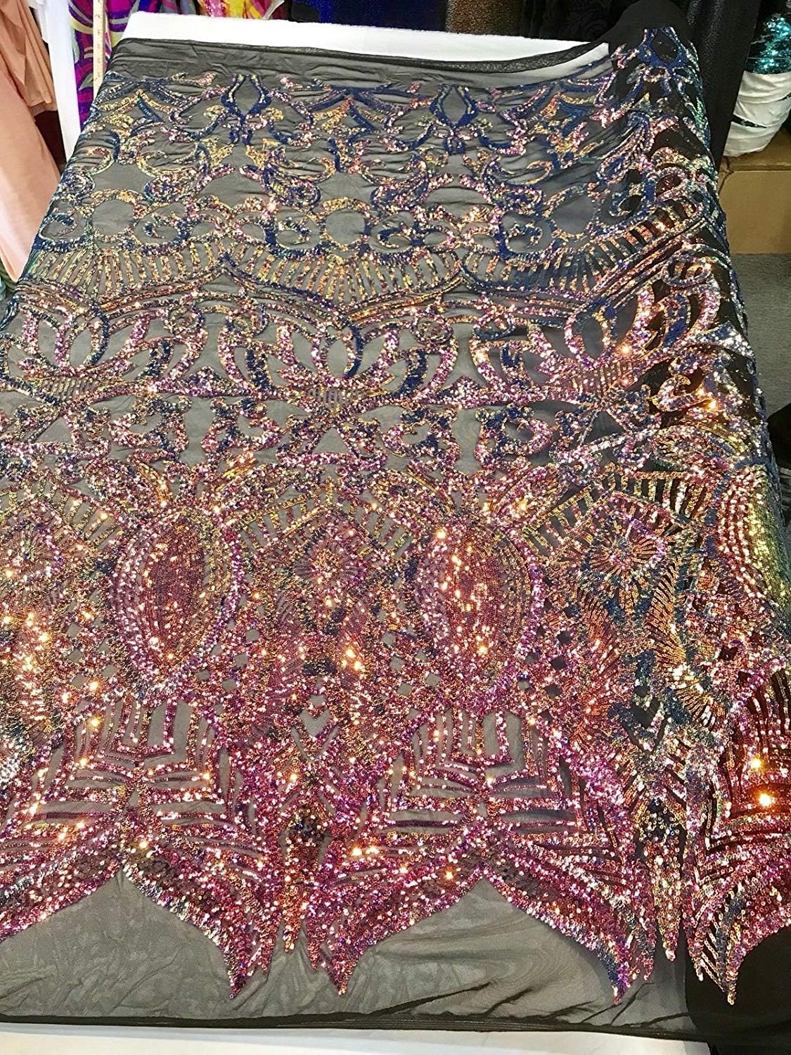 Iridescent Royalty Design Embroidery with Sequins On A 4 Way Stretch Mesh Fabric (Royal Blue on Black, 3 Yards)