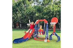 NYEEKOY 5 in 1 Toddler Slide and Swing Playset Indoor Outdoor Kids, Toddler Playground with Basketball Hoop and Long Slide, Backyards Silde Sets for Baby