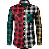 KEPUTAY Men Women Color Block Plaid Shirt Patchwork Plaid Shirts Button Down Long Sleeve Casual Shirts