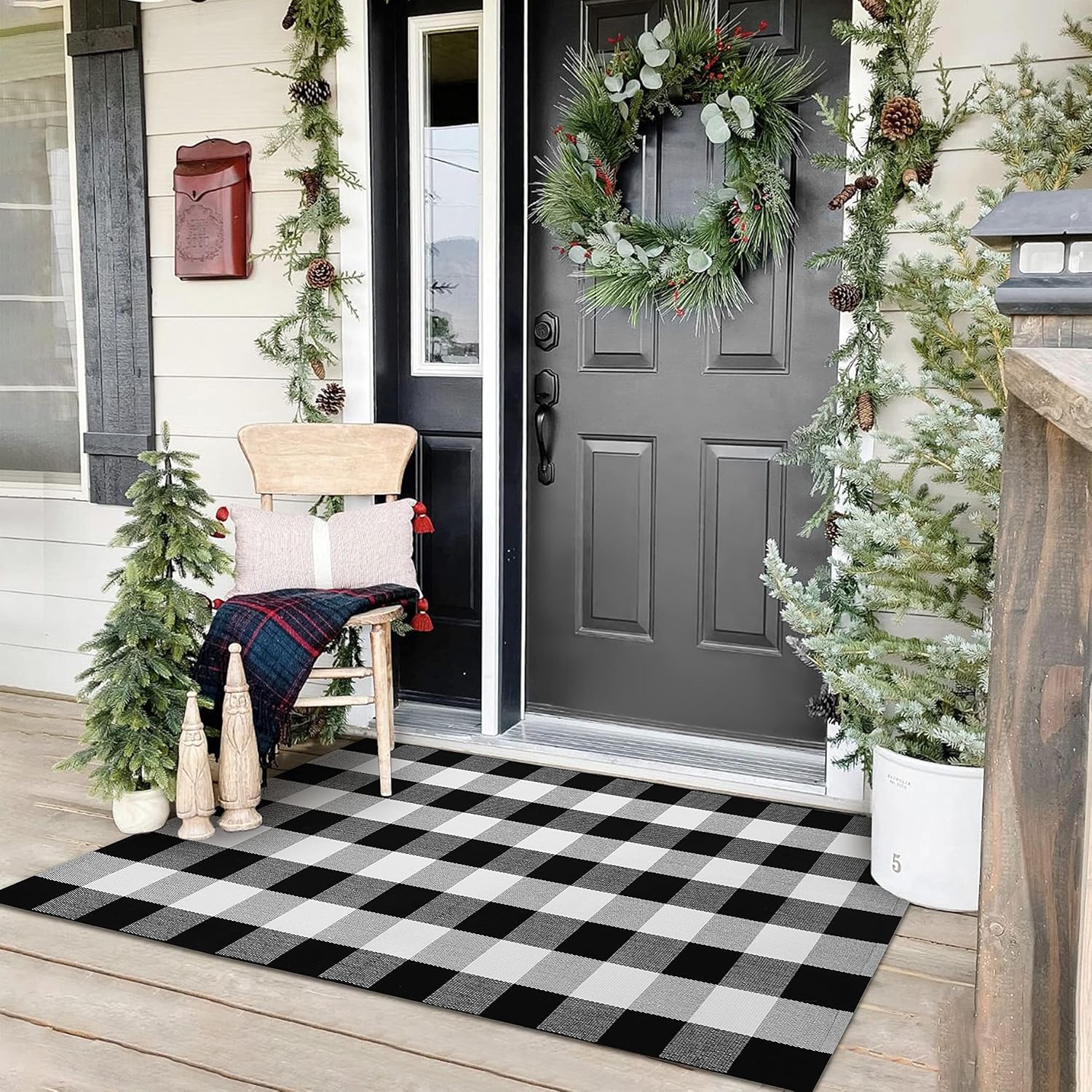Rugs, Pads & Protectors - KOZYFLY Buffalo Plaid Area Rugs 3x5 Ft Black and White Checkered Rug Washable Front Door Mat Hand Woven Cotton Outdoor Rug Large Rug for Front Porch Kitchen Entryway Patio Bathroom