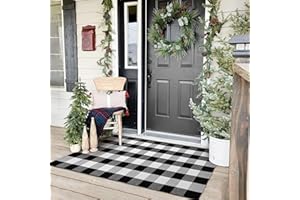 KOZYFLY Buffalo Plaid Area Rugs 3x5 Ft Black and White Checkered Rug Washable Front Door Mat Hand Woven Cotton Outdoor Rug Large Rug for Front Porch Kitchen Entryway Patio Bathroom