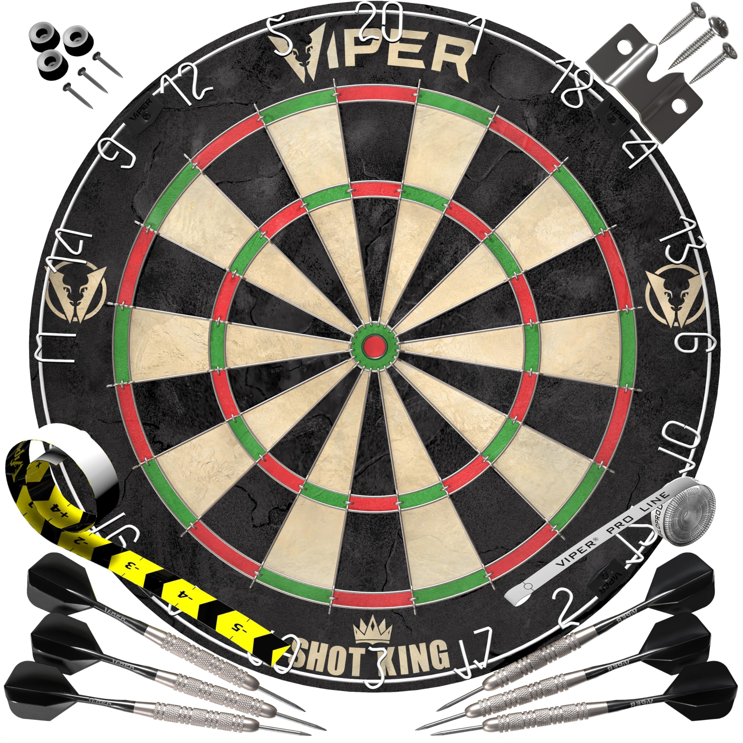 Viper by GLD Products Shot King Regulation Bristle Steel Tip Dartboard Set with Bullseye Metal Radial Spider Wire Compressed Sisal Board with Rotating Number Ring Includes 6 Darts Black