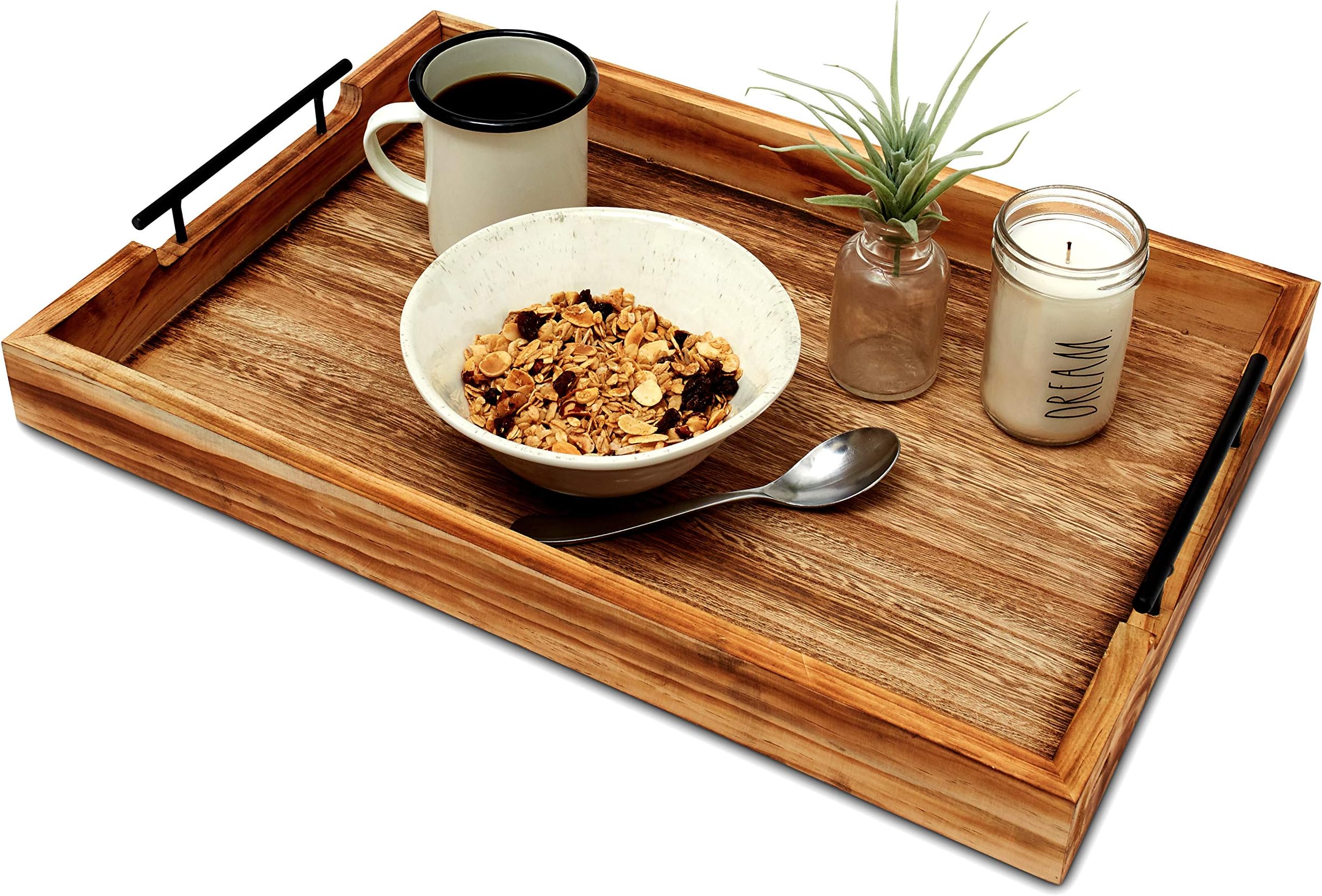 Premium Ottoman Serving Tray - Farmhouse Coffee Table - Decorative Rustic home Decor Trays - Home Bed And Breakfast - Wooden Serving Platters - Large Serving Tray With Handles-rustic torched wood