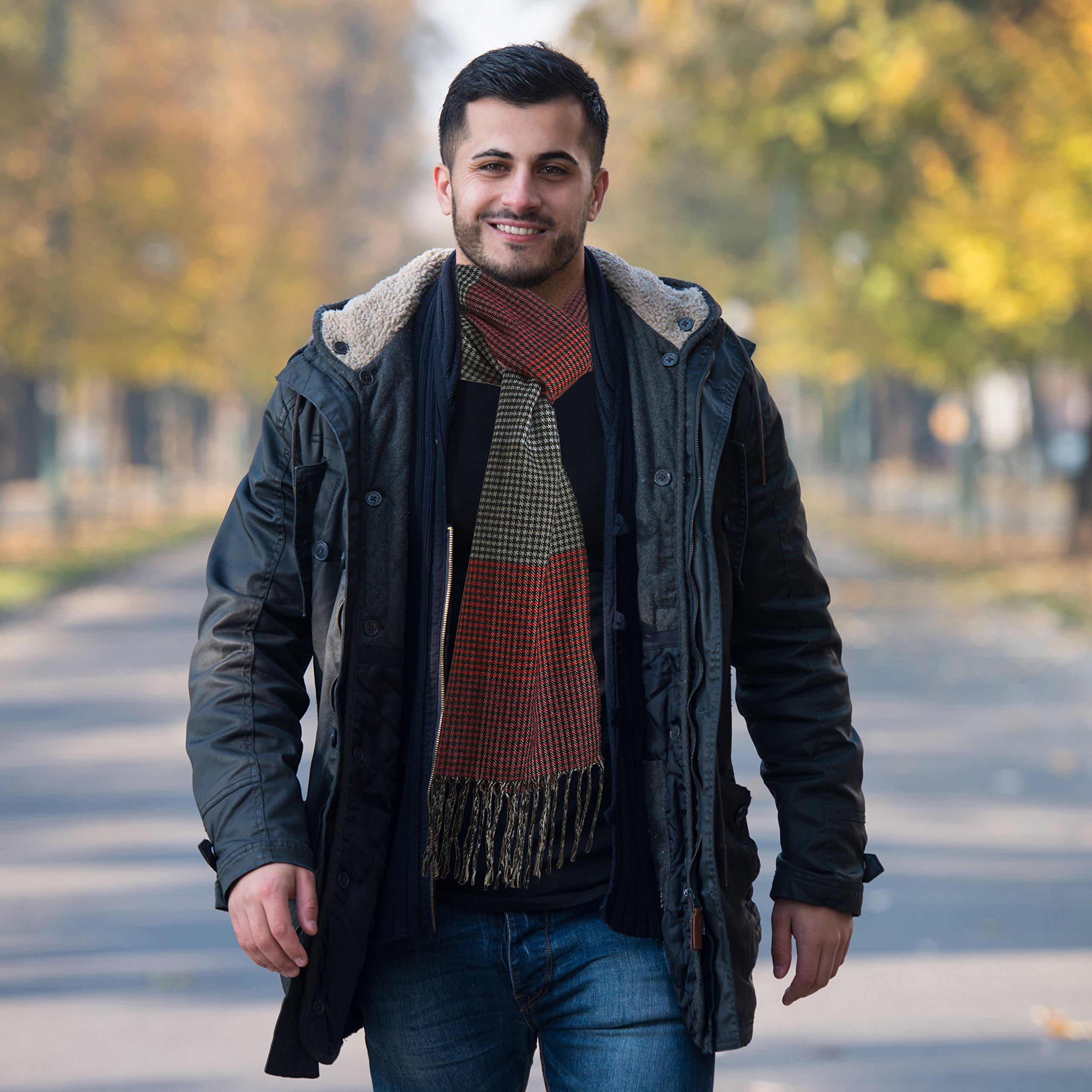 Cashmere-Feel Scarf, Super Soft & Cozy Luxury Warm Cold Weather Long Shawl 66” x 12” inch, Elegant Burgundy/Grey Small Check Fashion Tassel End Scarves Classic for Men and Women by Clara Clark