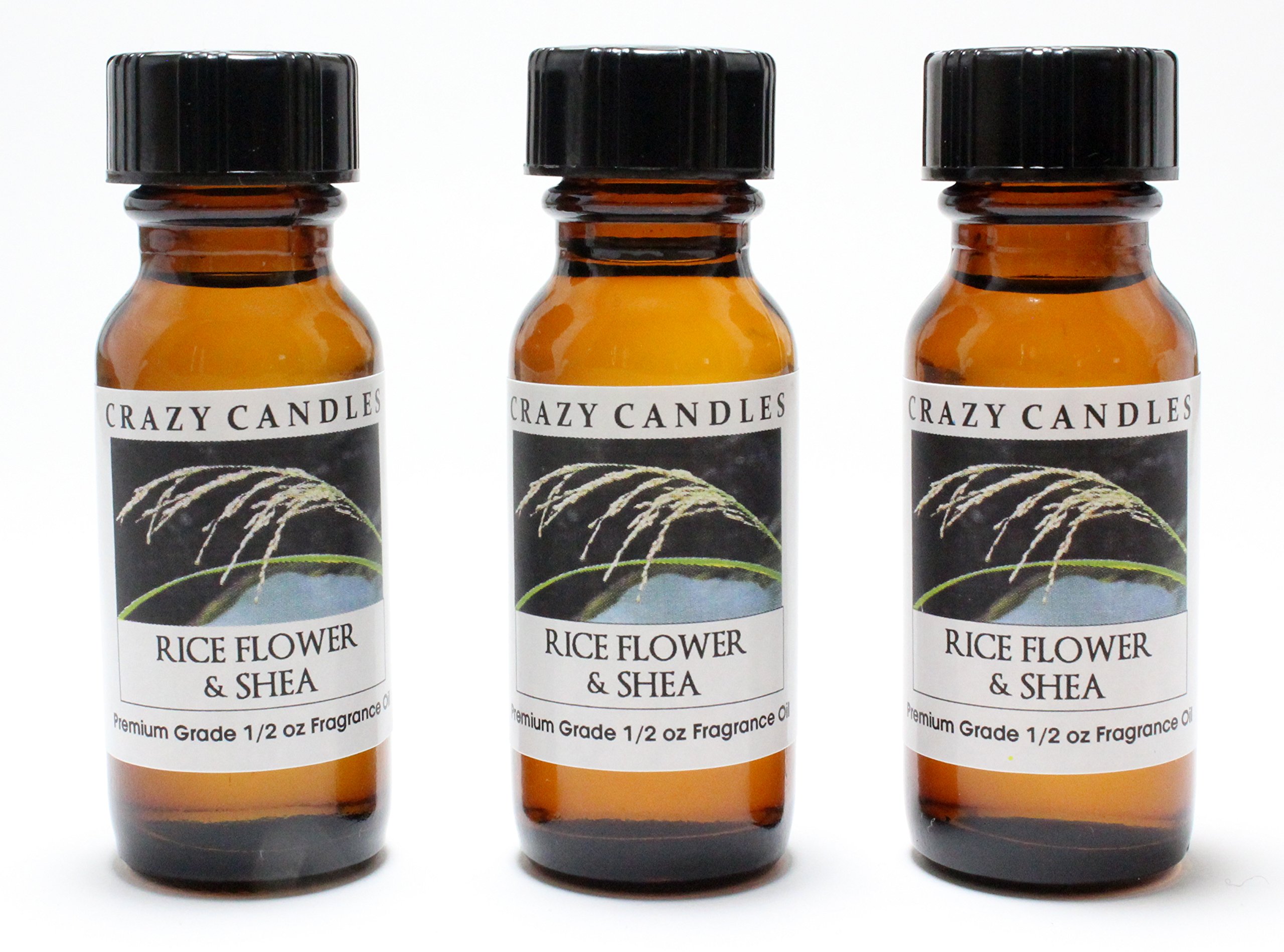 Crazy Candles Rice Flower & Shea 3 Bottles 1/2 Fl Oz Each (15ml) Premium Grade Scented Fragrance Oil
