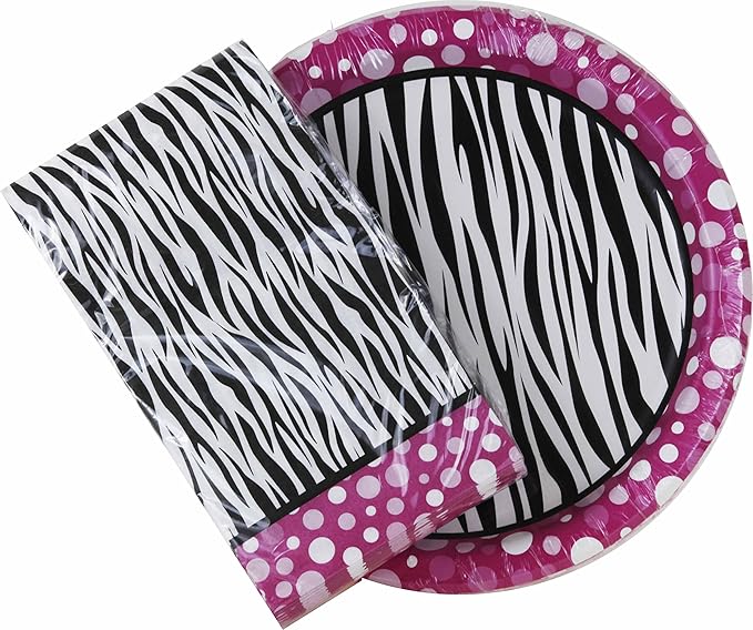 Pink Polka Dot Zebra Print Paper Plates & Napkin Set