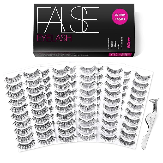 Eliace 50 Pairs 5 Styles Wispies Fake Lashes with Tweezers best fake eyelashes