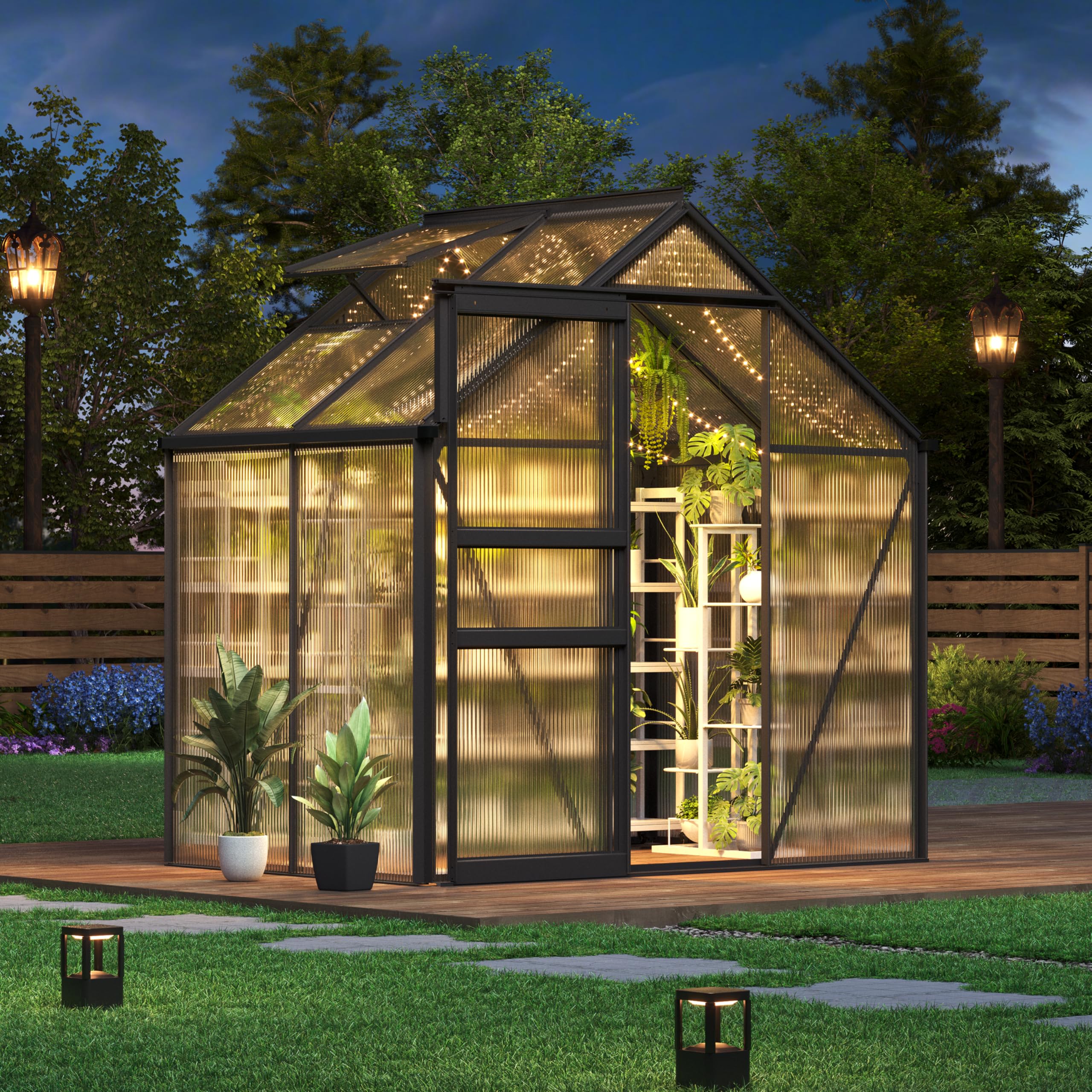 Photo 1 of GarveeHome 6x4 FT Walk-in Polycarbonate Greenhouse - Heavy Duty Aluminum Frame with Base Kit, 4mm Double-Wall UV Protected Panels, 5-Position Adjustable Roof Vent & Sliding Door, Winter Plant House