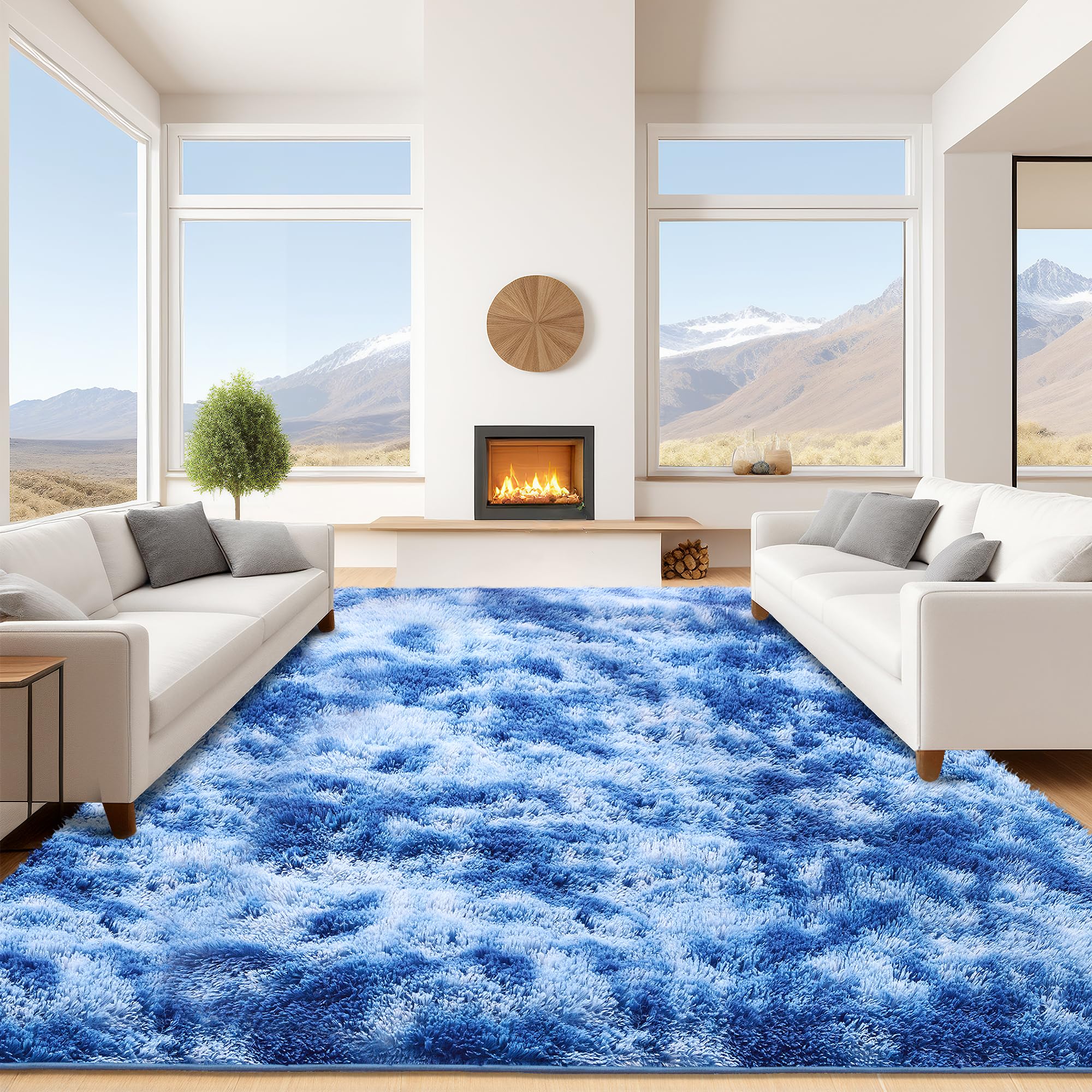 Cerulume 9x12 Area Rugs for Living Room, Tie-Dyed Blue Large Fluffy Shag Rug for Bedroom Boys Kids Nursery Rooms, Ultra Soft Comfy, Big Fuzzy Shaggy Plush Carpet for Girls Home Decor, Upgrade Non-Slip