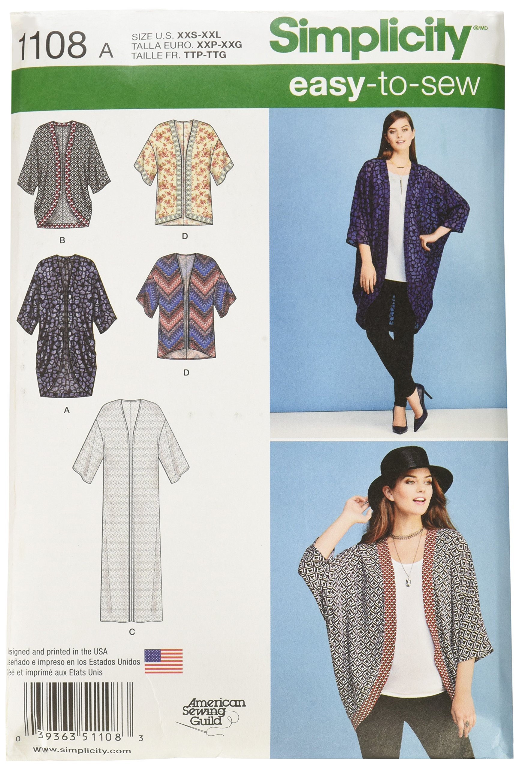 Simplicity Sewing Pattern 1108: Misses' Kimono's in, Size: A (XXS-XS-S-M-L-XL-XXL), Paper, White