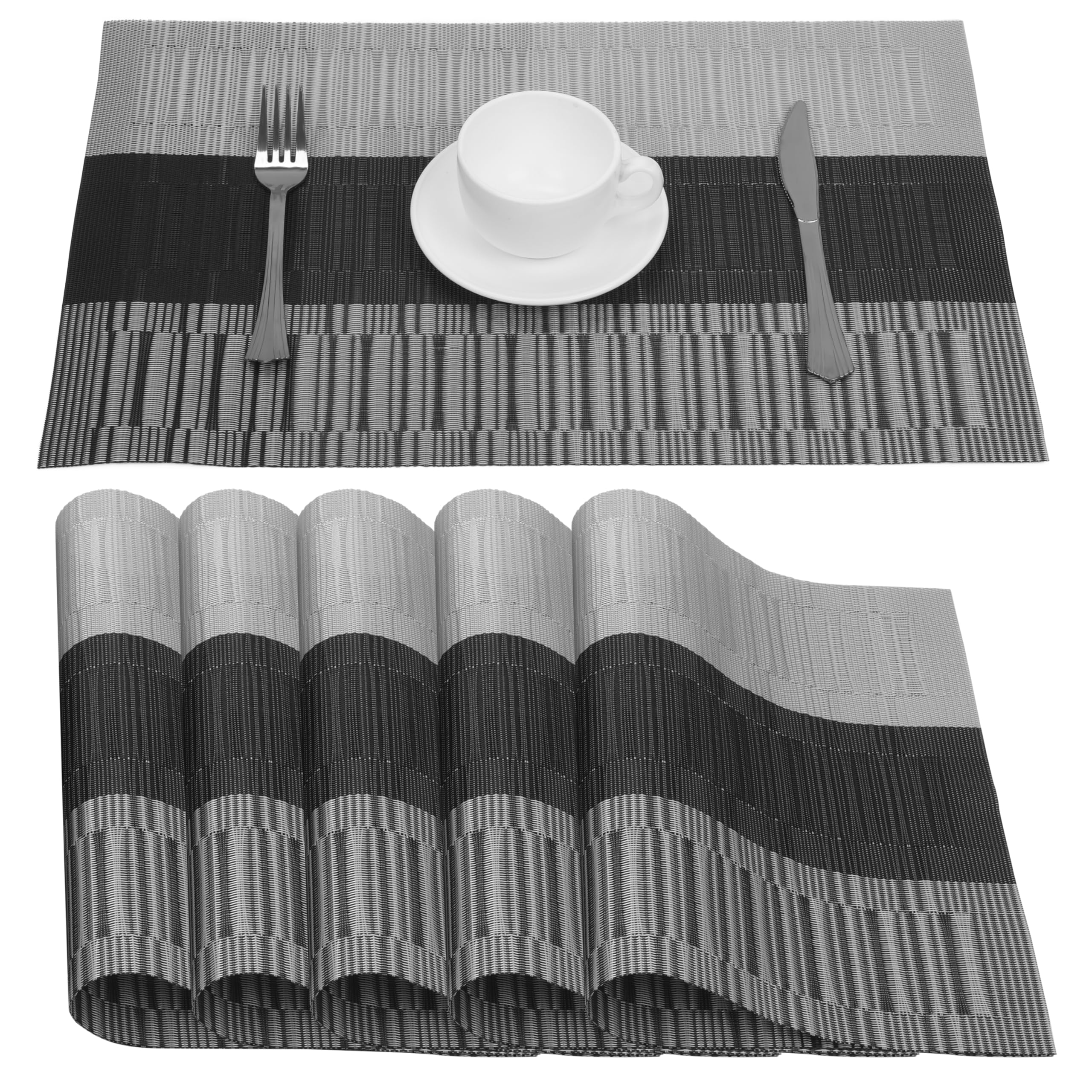 Belle Vous 6 Pack of Grey & Black Placemats - PVC Non-Slip, Tear-Resistant & Washable Place Mats - Easy To Clean, Heat Resistant & Waterproof Table Mats for Kitchen, Dining Table, Restaurant and Hotel