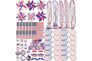 Thuodo 156 PCS 4th of July Accessories Patriotic Party Favors American Flags Glasses Slap Bracelets Pinwheels Tattoo Stickers Brooches Beards Necklaces for Independence Day Memorial Day