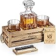 Mixology & Craft Whiskey Stones Set - Decanter, Whiskey Glasses & Wood Stand with 6 Granite Chilling Stones and 10oz Glasses - Whiskey Decanter Set for Men, Dad, Husband, Boyfriend