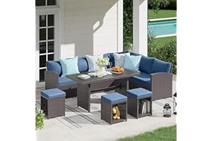 JOIVI Patio Furniture Set, 7 Piece Patio Dining Sofa Set, Outdoor Sectional Sofa Conversation Set All Weather Wicker Rattan Couch Dining Table & Chair with Ottoman, Aegean Blue