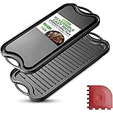 NutriChef Reversible Cast Iron Griddle – Flat & Grill Sides, Extra-Wide, Oven Safe, PFOA & PFOS Free, Compatible with Multipl