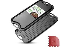 NutriChef Reversible Cast Iron Griddle – Flat & Grill Sides, Extra-Wide, Oven Safe, PFOA & PFOS Free, Compatible with Multipl