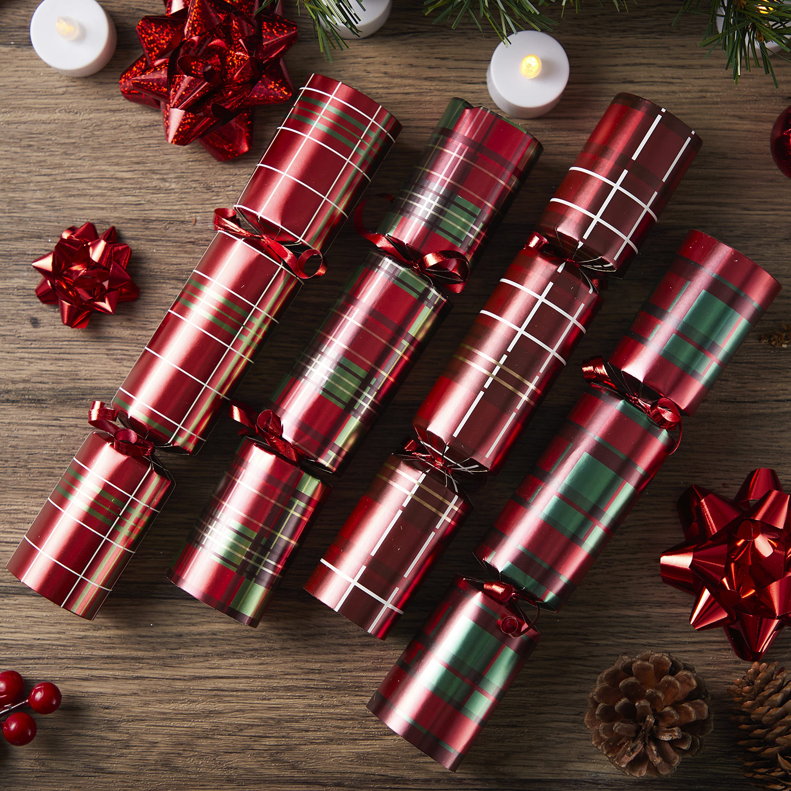 JOYIN 8 Pack Christmas Non-Snap Party Favor, Red Check Plaid Party Table Favor Includes Party Hat, Jokes & Gifts, Xmas Gifts Prizes for Christmas Holiday Dinner Traditions Supplies