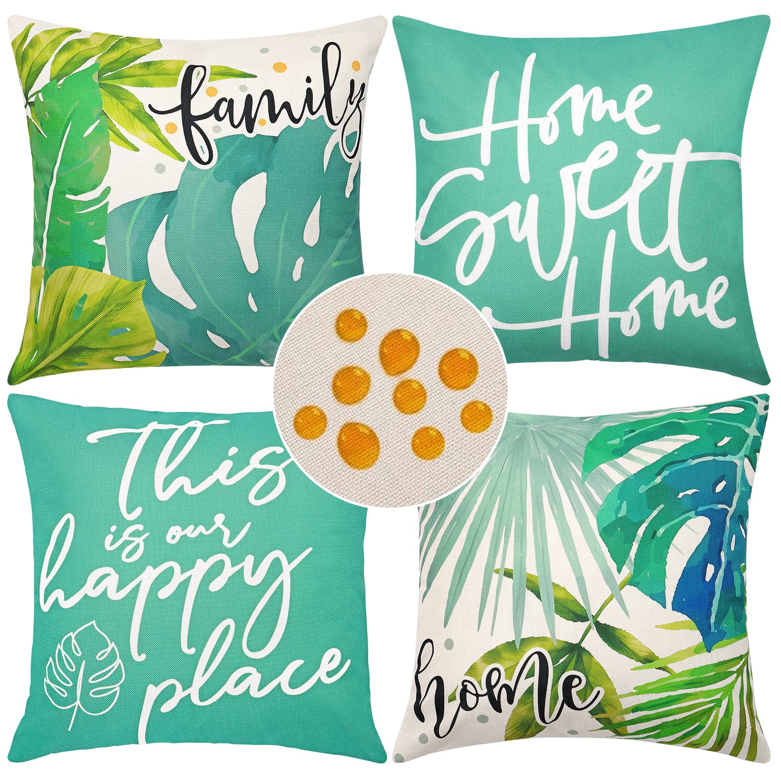 ASTNIC Outdoor Waterproof Throw Cushion Covers 18x18 Inch Set of 4 Tropical Plants and Letters Printed Pillow Covers Farmhouse Boho Decorative Pillowcases for Patio Couch Garden Balcony(Green Leaf)