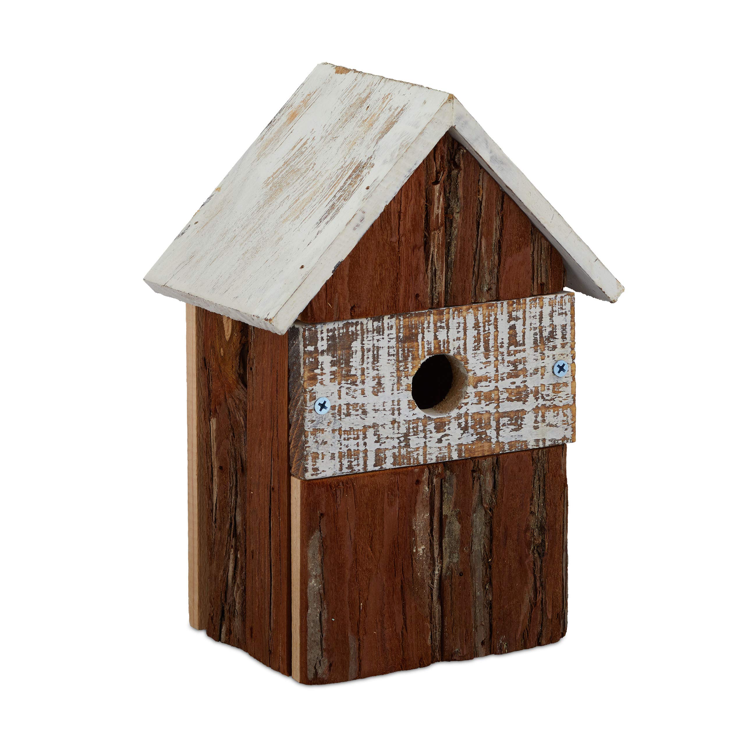 Relaxdays Bird House, Wooden Nesting Box, Decorative Shelter, H x W x D: 25.5 x 18 x 12 cm, natural/white