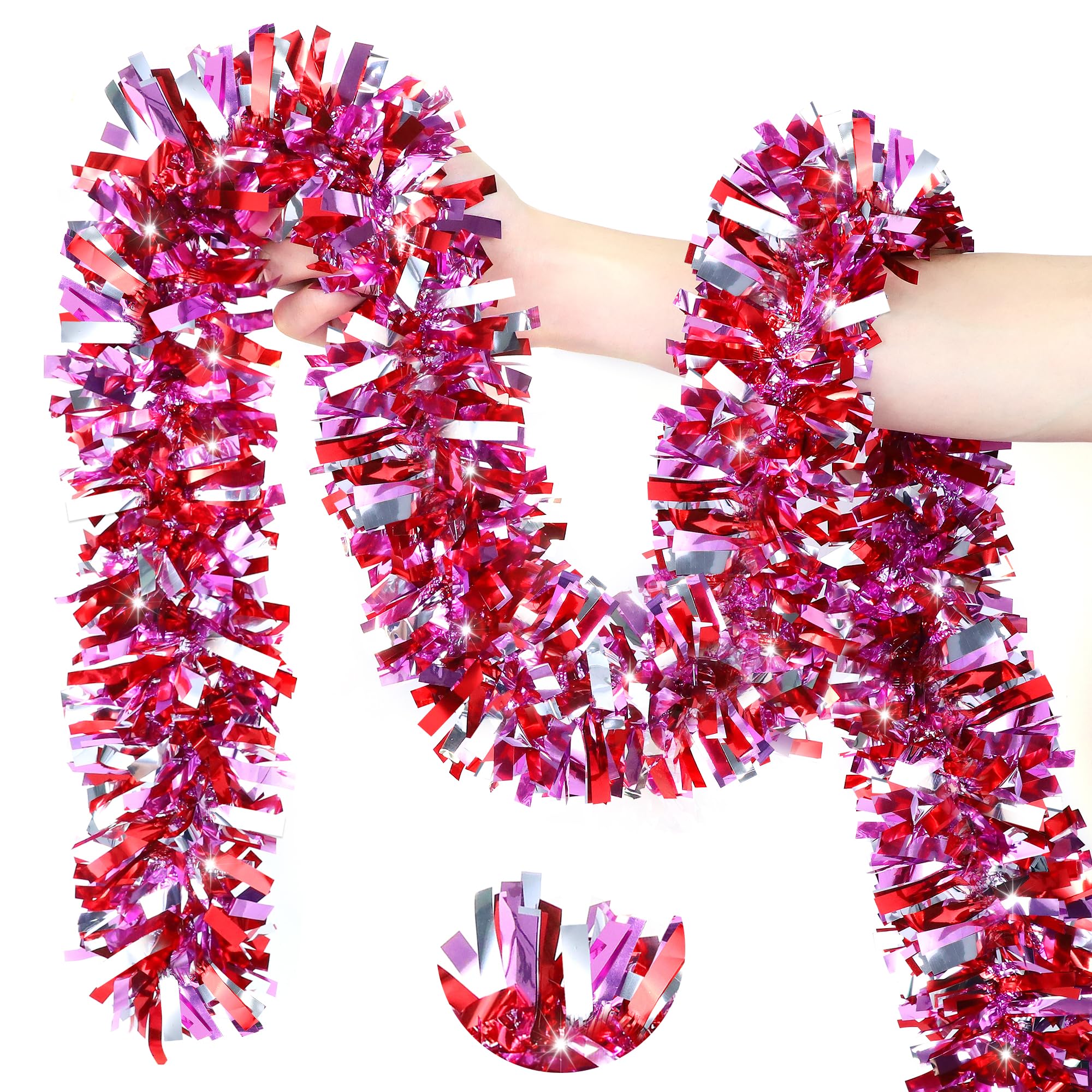 Photo 1 of 50Ft Valentine's Day Decorations, Valentines Tinsel Garland Red Pink Silver Shiny Metallic Garland for Home Tree Mantel Fireplace Stairs Outdoor Indoor Galentine's Day Decorations
