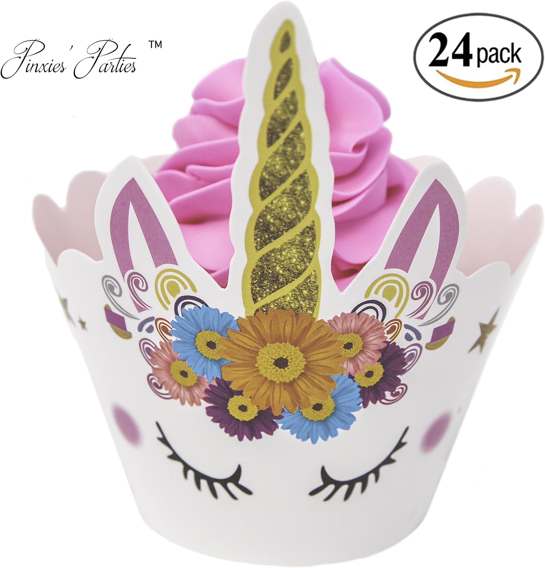 PINXIES Unicorn Cupcake Toppers Wrappers | Set of 24 | Unique Artist Design | Unicorn Birthday Party | Unicorn Baby Shower | Unicorn Cupcake Decorations