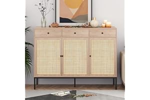 XIAO WEI Sideboard Cabinet Buffet Cabinet with Handmade Natural Decorated Doors and 3 Drawers Rattan Cabinet, Accent Cabinet, Console Table with Metal Legs for Living Room, Hallway, Entryway