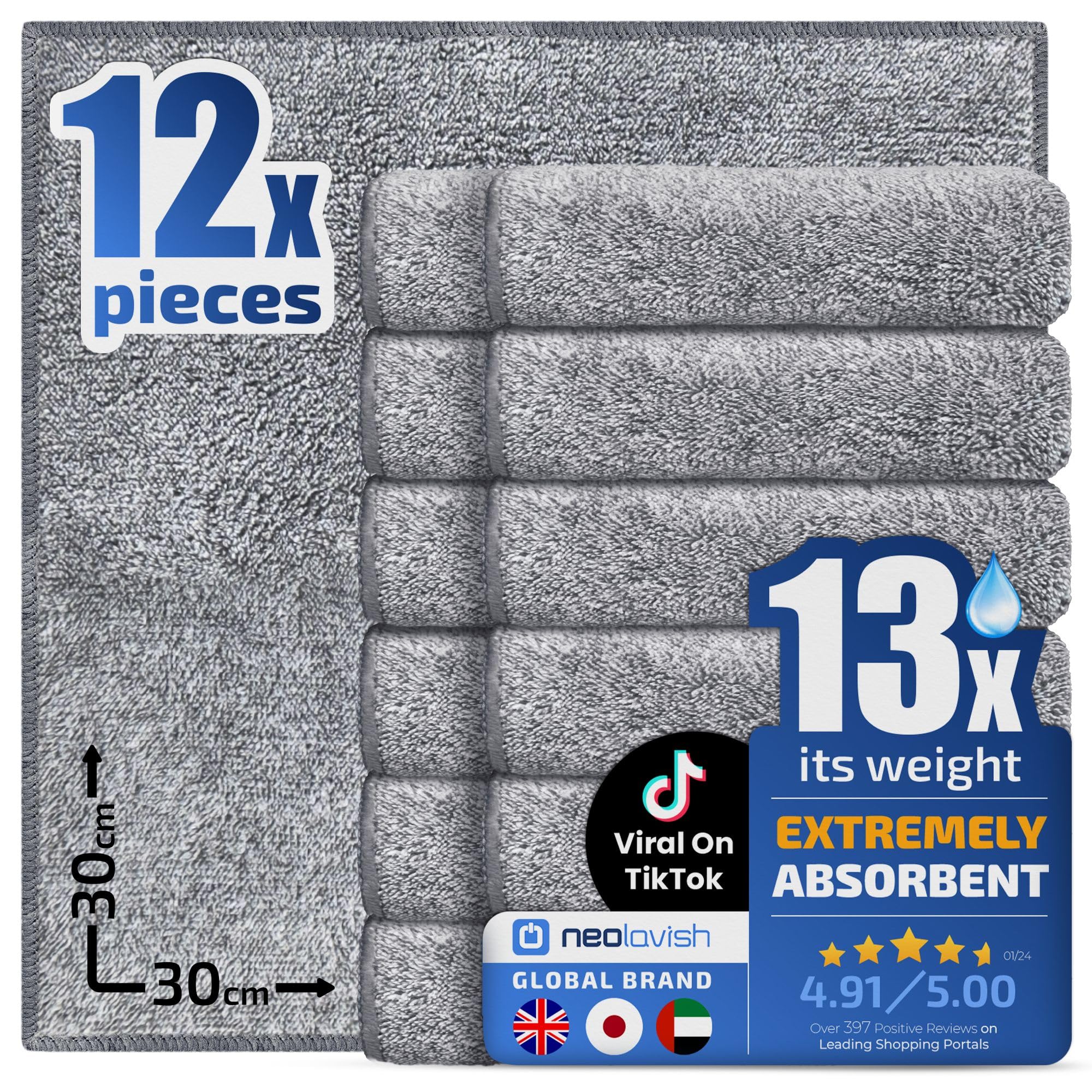 NeoLavish® Microfibre Cleaning Cloth - 12 Pack | Thick, Super Plush Absorbent Towel | Lint-Free Bamboo Kitchen Cloths for Dishwashing, Dusting, Surfaces, Home | Fast Dry & Reusable Clothes, 30x30 cm
