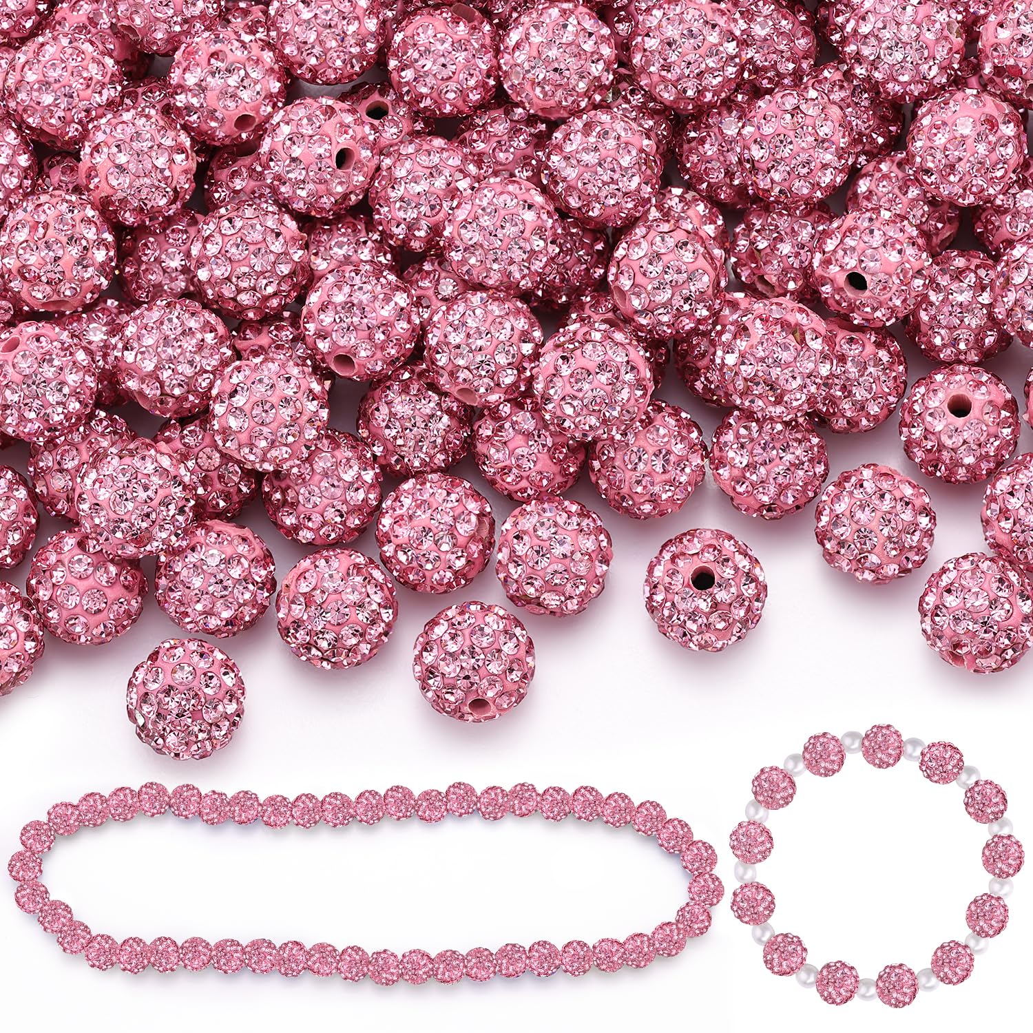 Photo 1 of 150 Pcs Pink Rhinestone Beads for Jewelry Making, Sparkle Crystal Clay Christmas for Bracelet Baseball Necklace Earring Crafting and DIY, Shiny Round Shamballa Disco Ball Beads Bulk