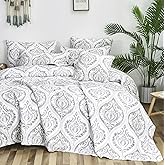 Tache Gray White Ogee Damask Quilt - Moon Sky Speckled Heather Grey Modern Victorian Reversible Pattern Quilted Coverlet - 3 Pieces - California King