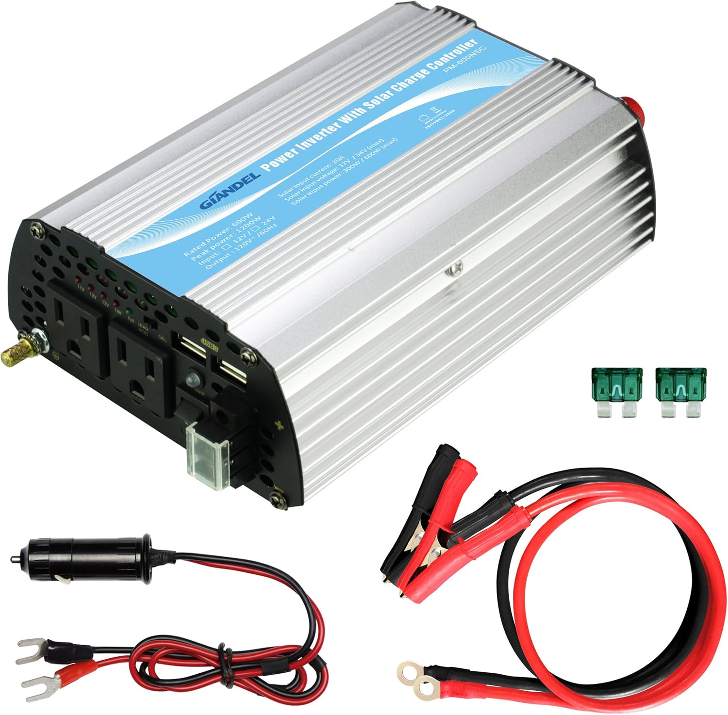 Car Power Inverter 600W Converter 12V DC to 120V AC with 20A Solar