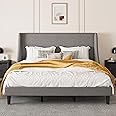 SHA CERLIN Upholstered Bed Frame King Size with Streamlined Wingback Headboard, Breathable Linen Fabric, Solid Wooden Slats, Easy Assembly, Light Grey