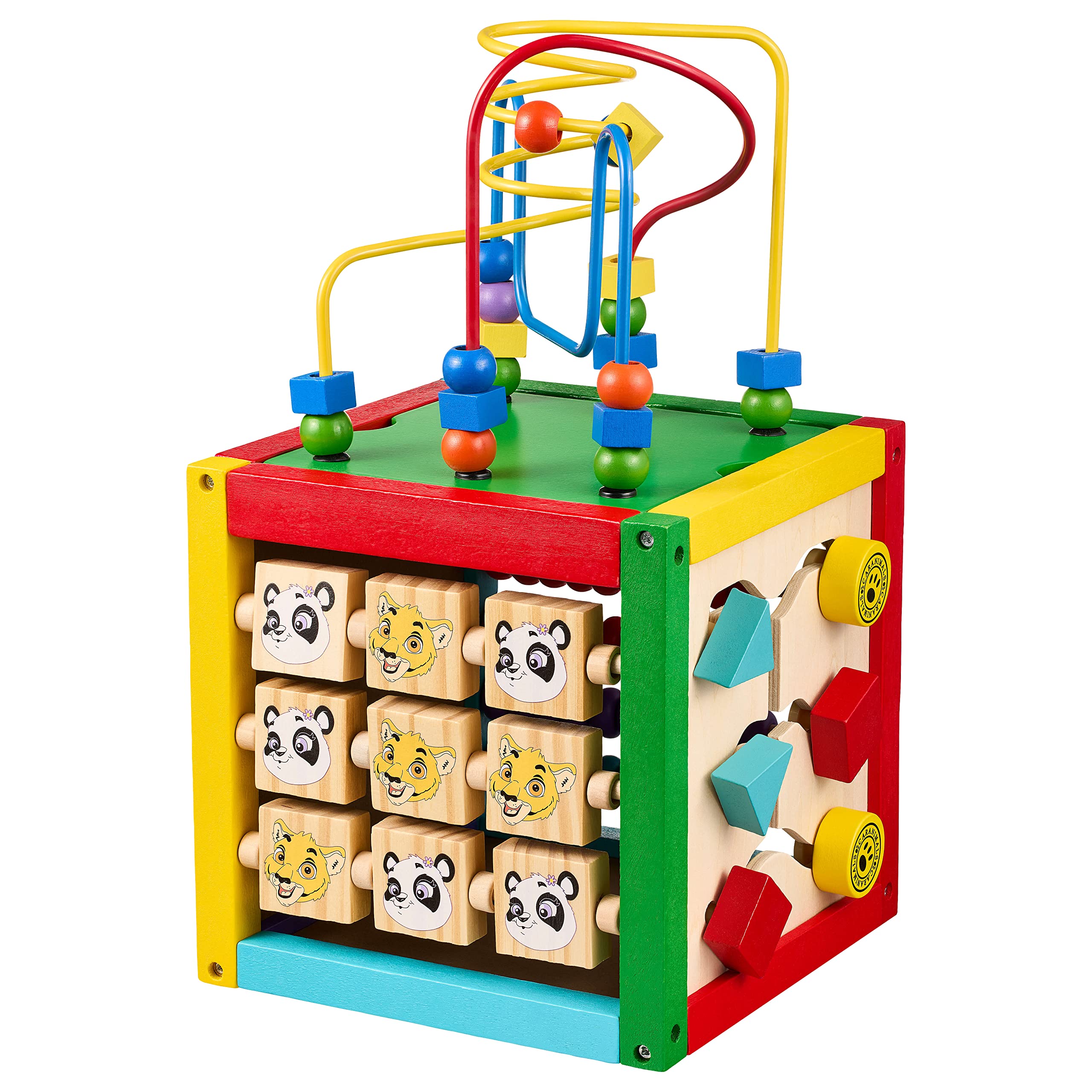 Balinco MOTOR CUBE Jungle, 5-sided, Incl. bead maze, abacus, building block sliding maze, tiger pointer clock, cube baby, wooden toy from 6 months