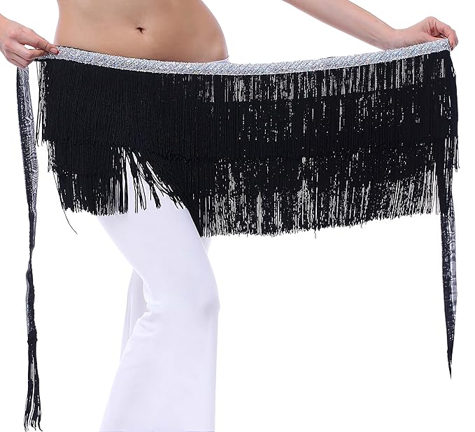 Fairycece Hip Schal für Bauchtanz und Latin Dance mit Fransen und Pailletten für Damen