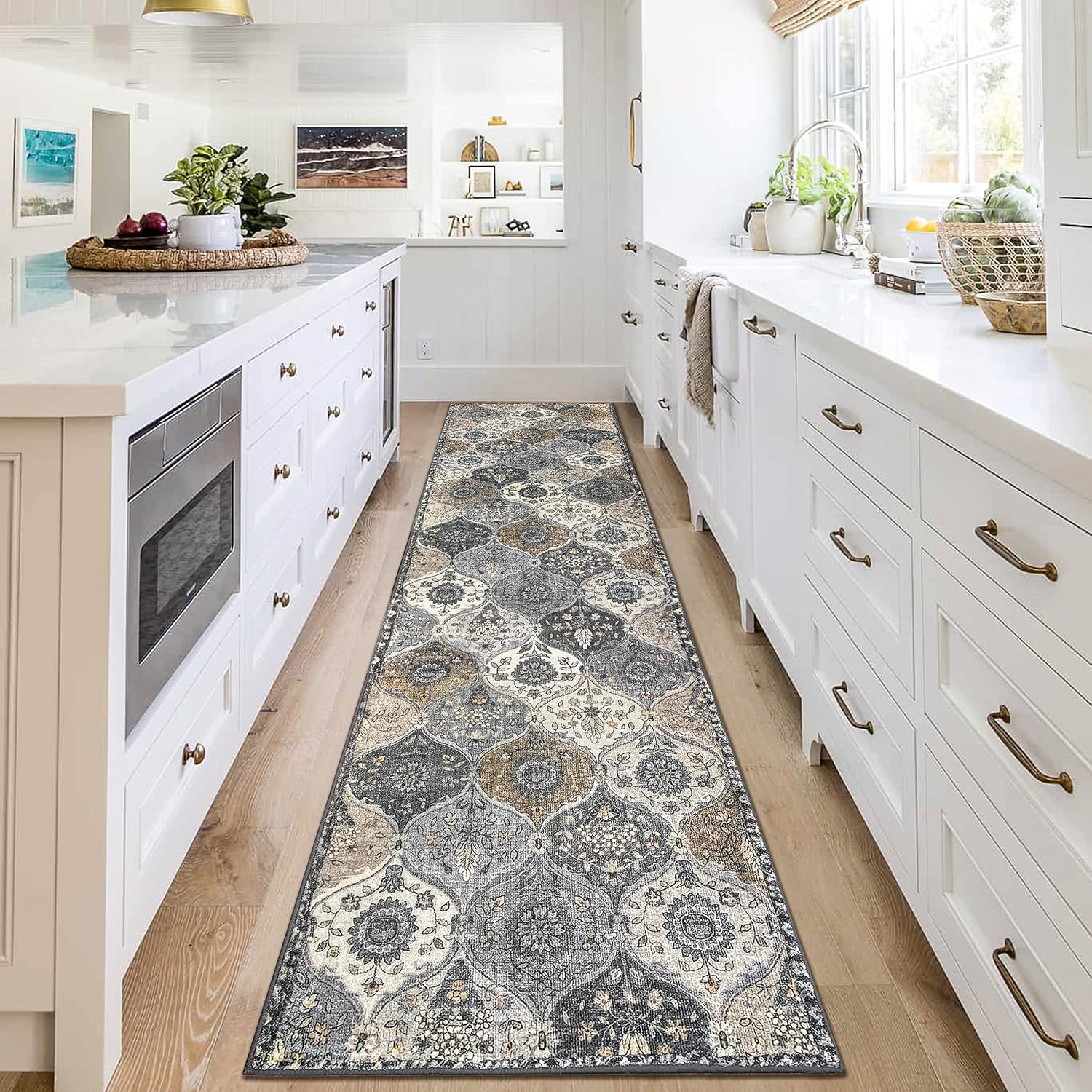 Rugs, Pads & Protectors - EARTHALL Moroccan Trellis Washable Runner Rug Grey Bathroom Non Slip Kitchen Hallway Floral Print Vintage Boho Carpet for Living Room/Entryway/Kitchen/Laundry Room, 2'x8'