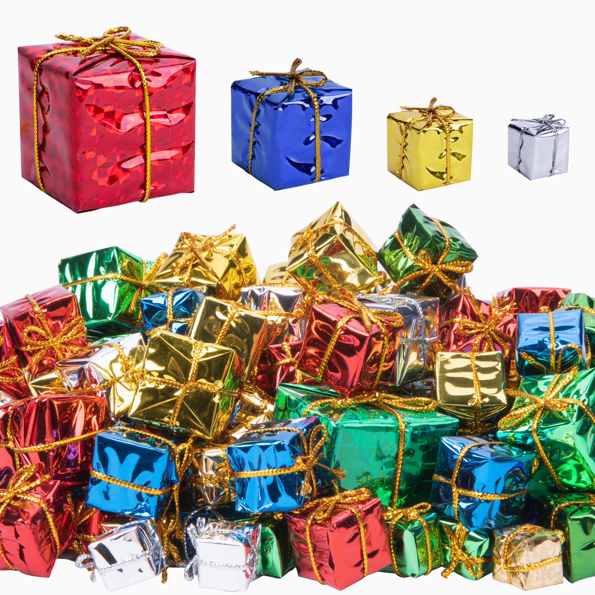 Photo 1 of 100 PCS Christmas Shiny Mini Boxes Ornaments, 4 Size Assorted Colors Metallic Foil Wrapped Ornaments Decoration Boxes for Christmas Tree Hanging Decorations (100PCS-Mixed)