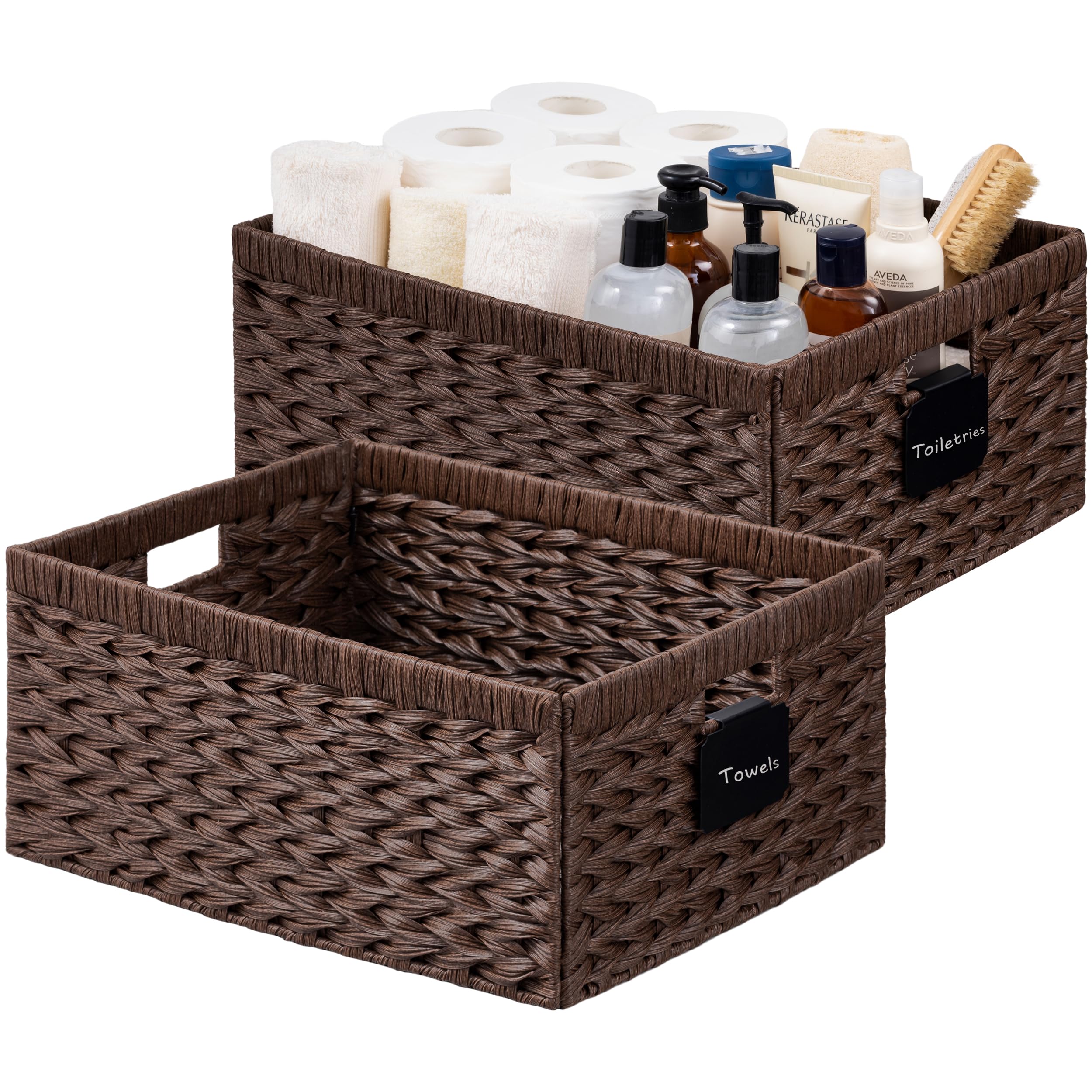 Photo 1 of **PARTIAL SET--BOTTOM MISSING **UBBCARE Storage Baskets with Label, Wicker Pantry Baskets for Shelves, Waterproof Woven Basket for Organizing, 2-Pack Plastic Rectangle Organizers with Handles, Dark Brown (16.5L×13W×7.5H)