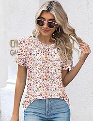 Kistore Womens Summer Crew Neck Pleated Floral Tops