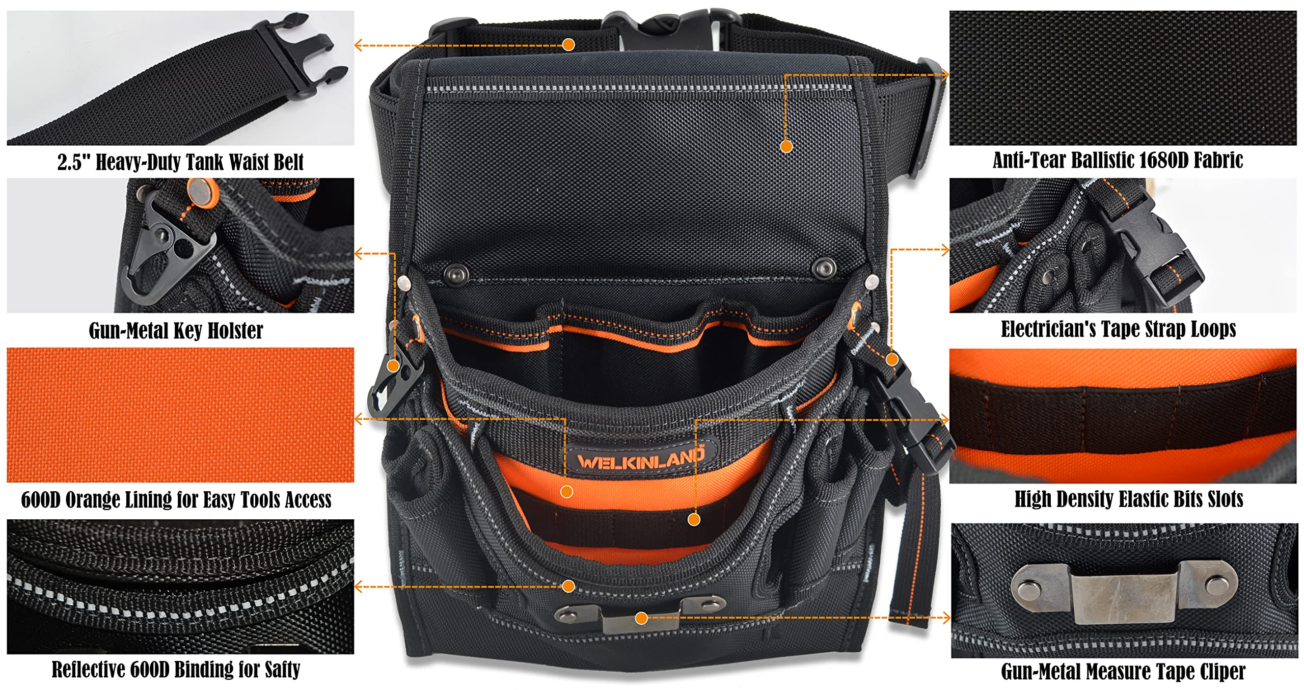 WELKINLAND 10-Pockets Electrician Tool Pouch with Belt Clip, Electricians Tool Pouches Bag, Tool Pouches, Electricians Tool Belt,Electrician Tool Belt
